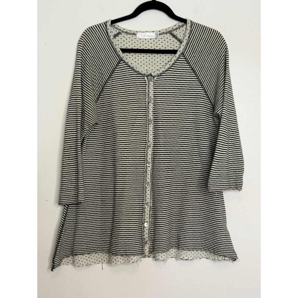 Cut Loose Striped Lagenlook Black White Polka Dot Layered Raw Hem Top M